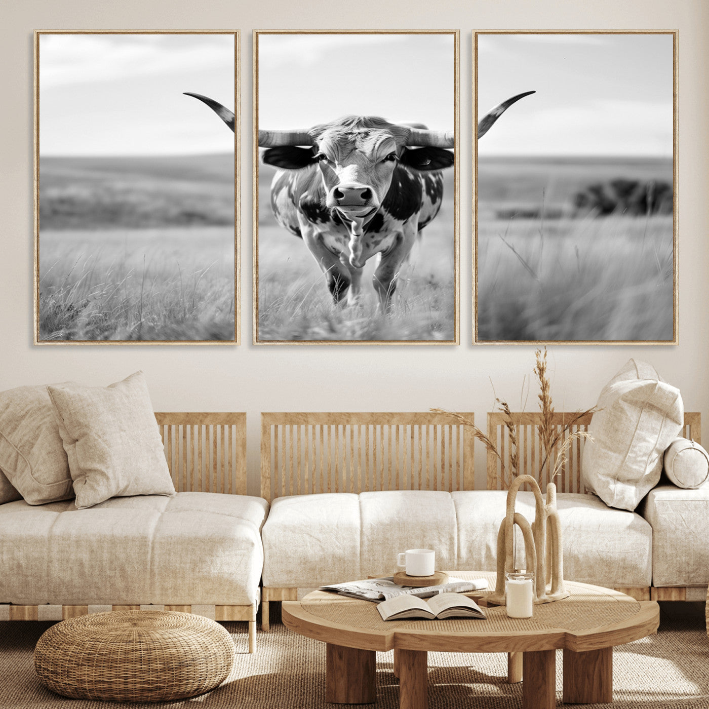 MGV-FC-60X30-3P - Texas Cow Longhorn Wall Art Canvas Print for Farm House Wall Decor, Farmhouse Wall Art Print