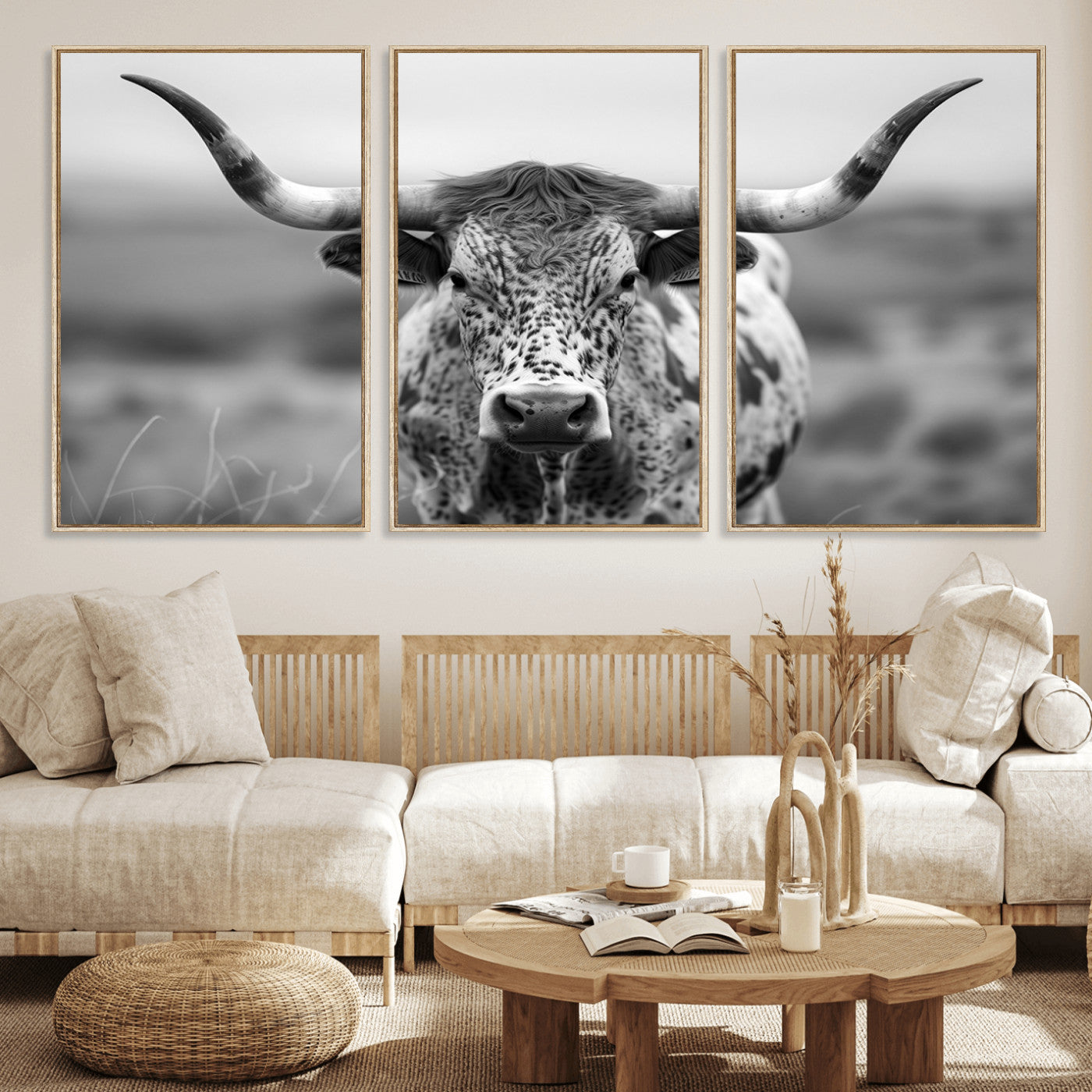 MGV-FC-60X30-3P - Texas Cow Longhorn Wall Art Canvas Print for Farm House Wall Decor, Farmhouse Wall Art Print