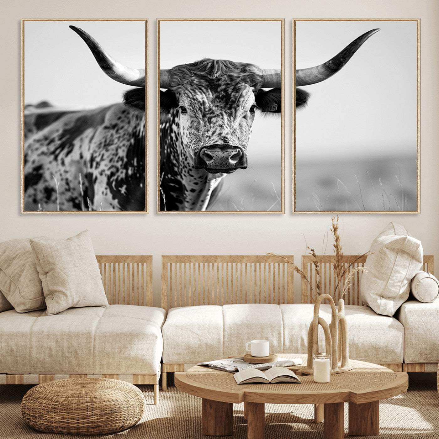 MGV-FC-60X30-3P - Texas Highland Cow Longhorn Canvas Print - Rustic Farmhouse Wall Art - Large Texas Longhorn