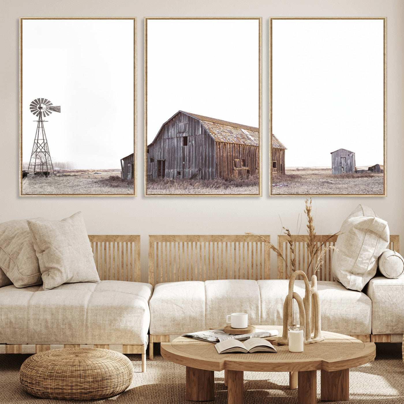 64560-MGV-FC-60X30-3P_Natural-Set of 3 Rustic Farmhouse Wall Art Prints – Country Barn, Wheat Field, and Farm Landscape for Cozy