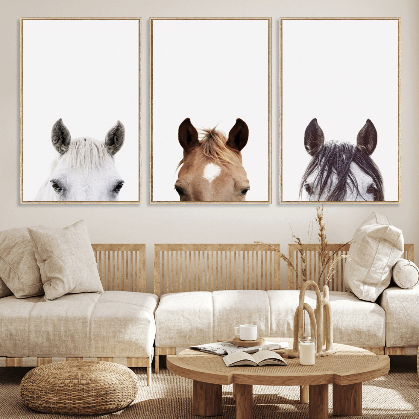 59160-MGV-CV-60X30-3P-Horse Prints Set, Set of 3 Horse Wall Art, Horses Portraits, Farmhouse Wall Art, Farm Animals Canvas, Animals Portraits Set, Horse Poster