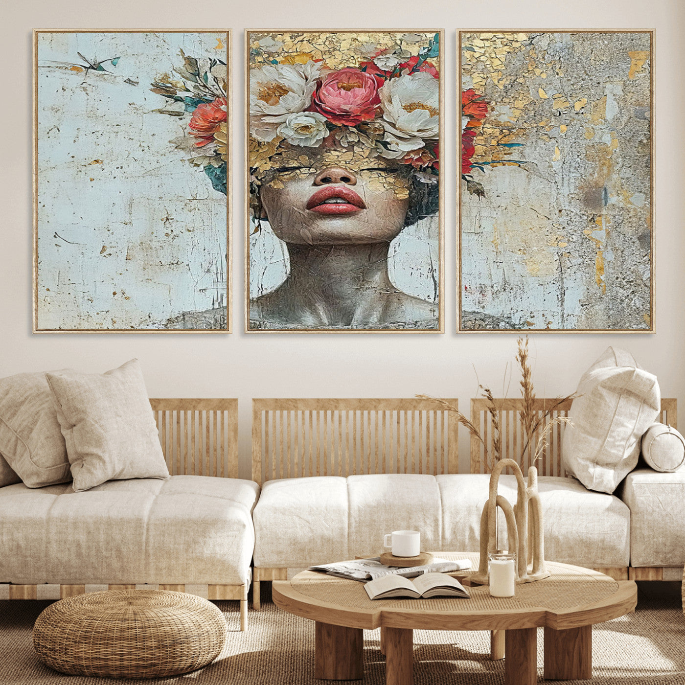 MGV-FC-60X30-3P - Golden Petal Wall Art Canvas Print - Silhouette Woman Wall Art Canvas Print, Floral Woman Portrait