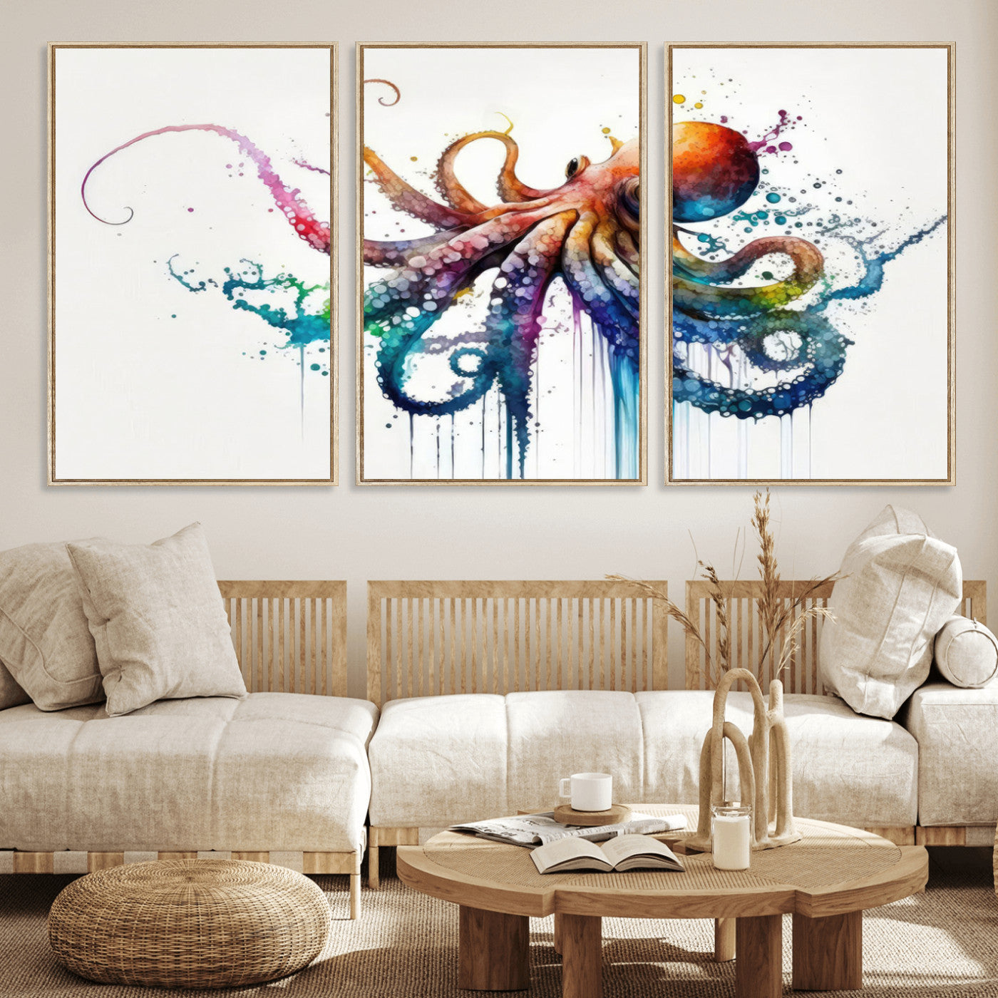 MGV-FC-60X30-3P - Watercolor Vibrant Octopus Wall Art Canvas Print | Abstract Sea Life Art | Colorful Marine Creature