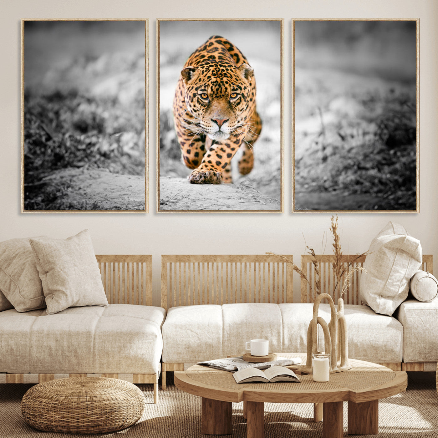 MGV-FC-60X30-3P - Jaguar Wall Art Canvas Print - Majestic Big Cat in Focused Pursuit - Ready to Hang