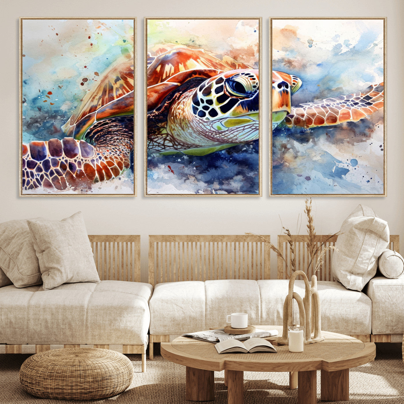 MGV-FC-60X30-3P - Watercolor Sea Turtle Wall Art Canvas Print - Vibrant Ocean Colors in Watercolor Style - Ready to