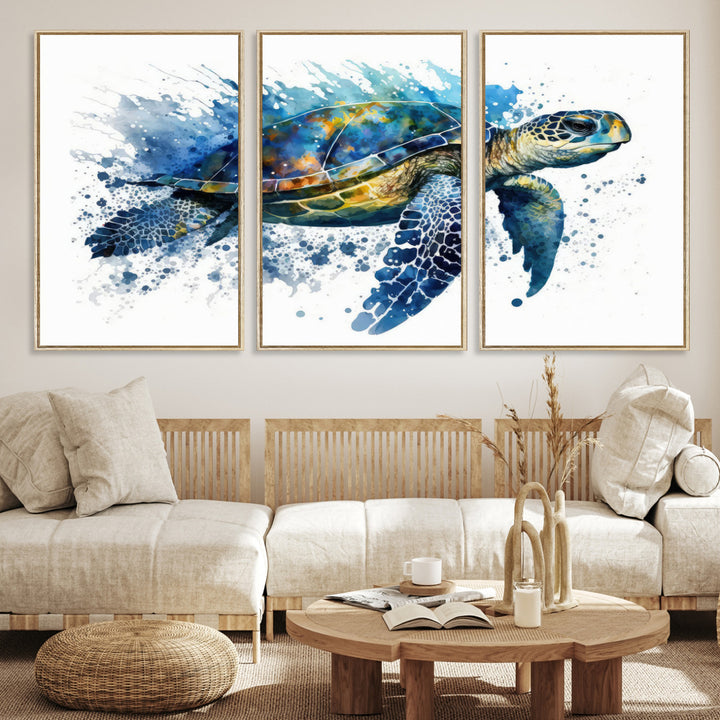 The Turtle Wall Art Print, featuring blue splashes, beautifully showcases Ocean Life.