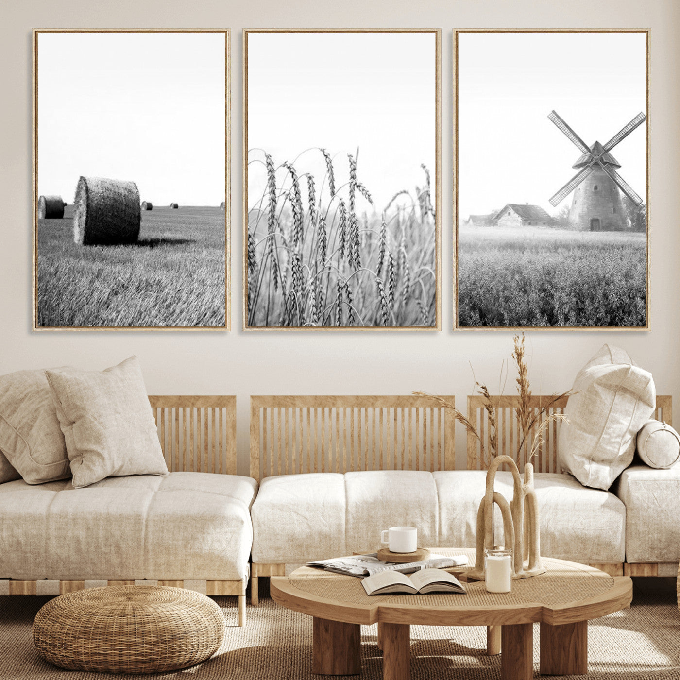 MGV-FC-60X30-3P - Vintage Farmhouse Black and White Triptych Wall Art – Giclee Canvas Featuring Wheat Fields, Hay
