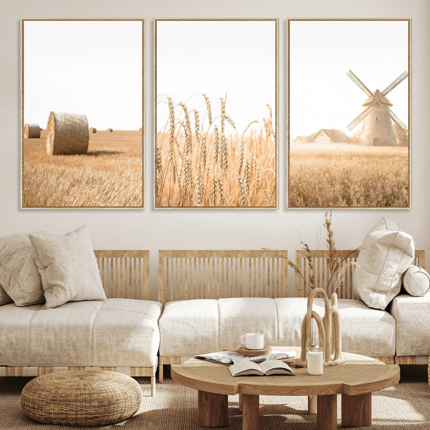 MGV-FC-60X30-3P - Vintage Farmhouse Triptych Wall Art – Giclée Canvas Featuring Wheat Fields, Hay Bales, and a