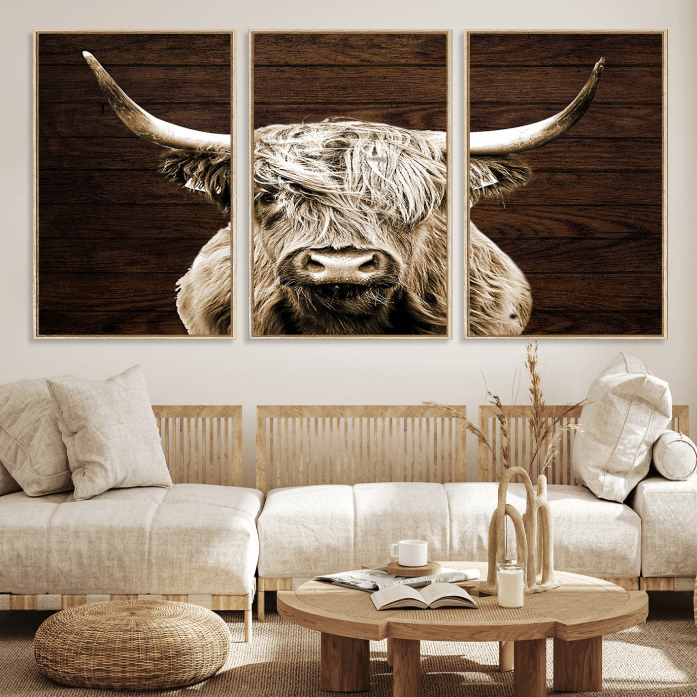 MGV-FC-60X30-3P - Highland Cow Wall Art Canvas Print, Rustic Farmhouse Decor, Majestic Scottish Highland Bull Portrait