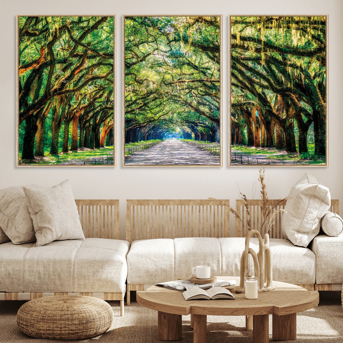 MGV-FC-60X30-3P - Serene Tree Tunnel Wall Art Canvas Print – Pathway Under Canopy of Lush Green Trees, Nature-Inspired