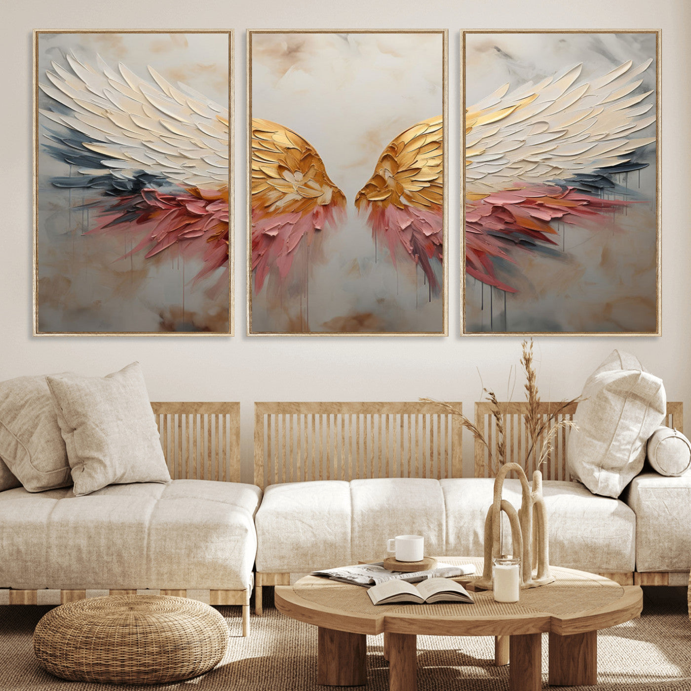 MGV-FC-60X30-3P - Golden Angel Wings Wall Art Canvas Print – Stunning Abstract Winged Art for Elegant Home Decor –