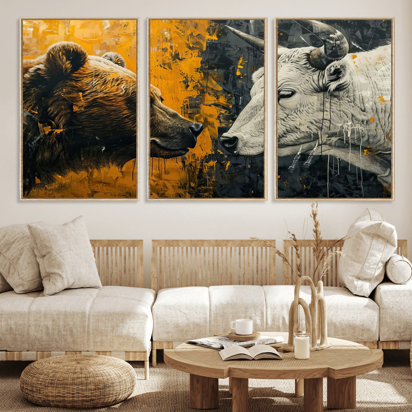 MGV-FC-60X30-3P - Bear and Bull Wall Art Canvas Print – Abstract Animal Portrait Painting for Modern Home Decor –