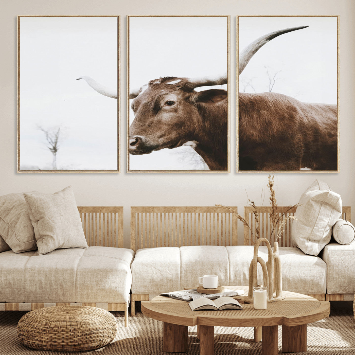 MGV-FC-60X30-3P - Rustic Bull Wall Art Canvas Print – Modern Longhorn Farmhouse Animal Decor – Abstract Farm Cow