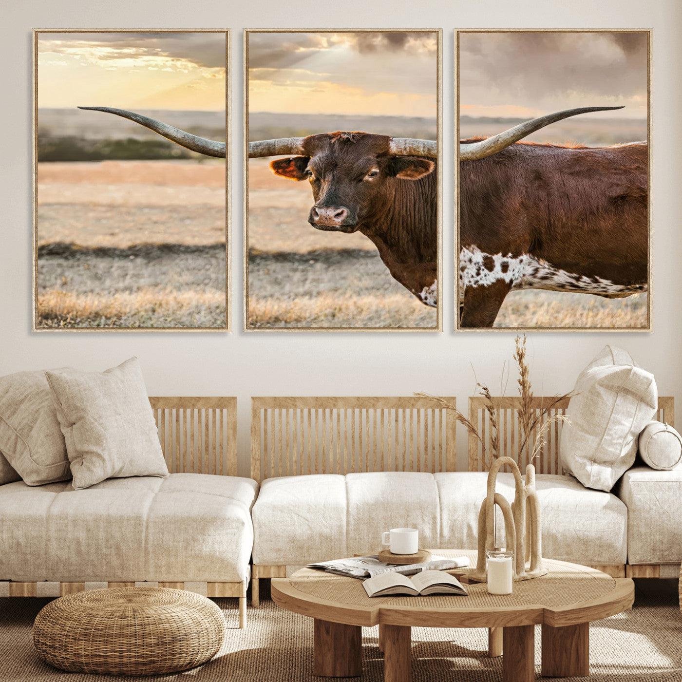 MGV-FC-60X30-3P - Texas Longhorn Wall Art Canvas Print, Rustic Ranch Decor, Majestic Western Longhorn Cattle