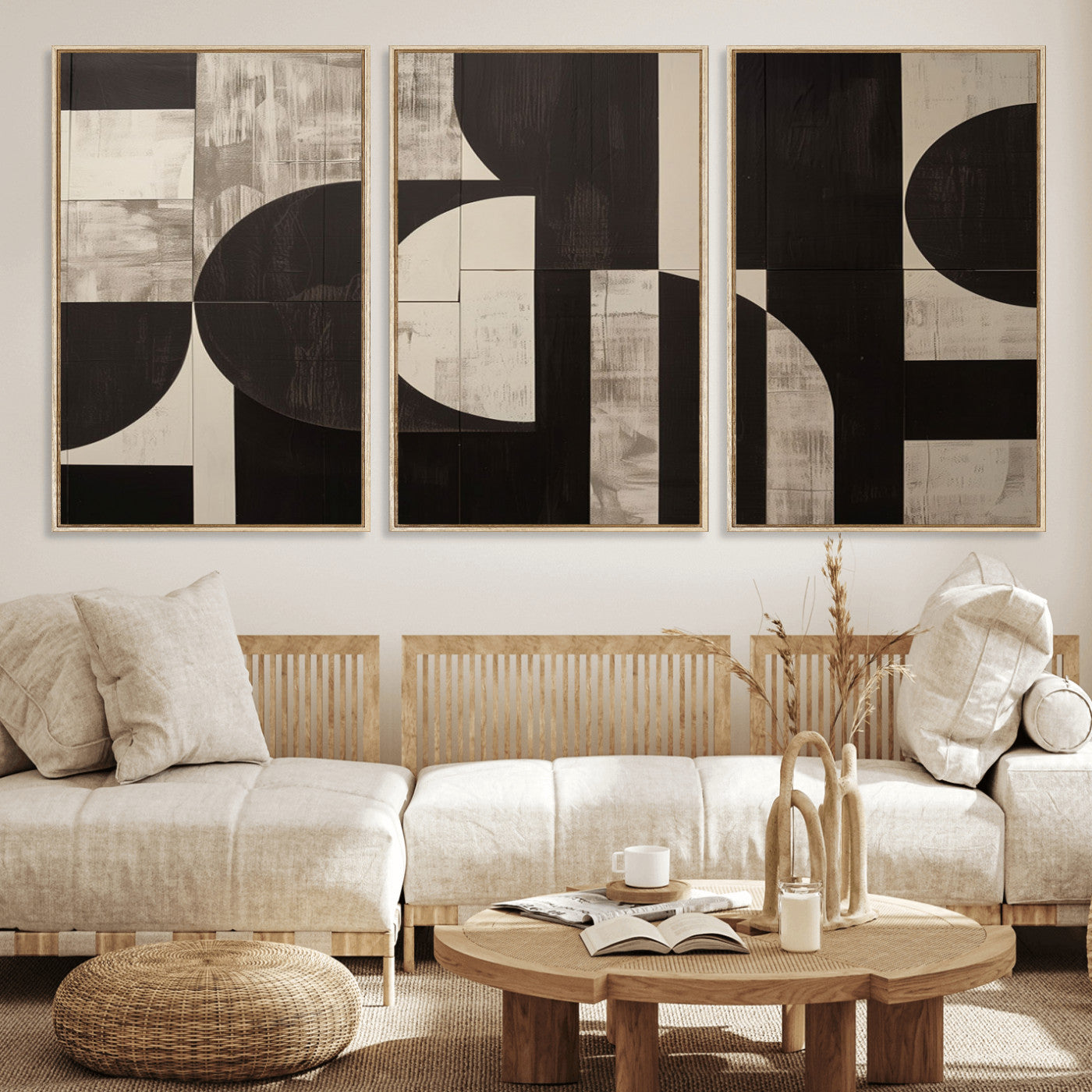 63644-MGV-FC-60X30-3P - Abstract Brown Wabi Sabi Canvas Print Set – Minimalist Mid-Century Wall Art Contemporary Artwork for Home, Office