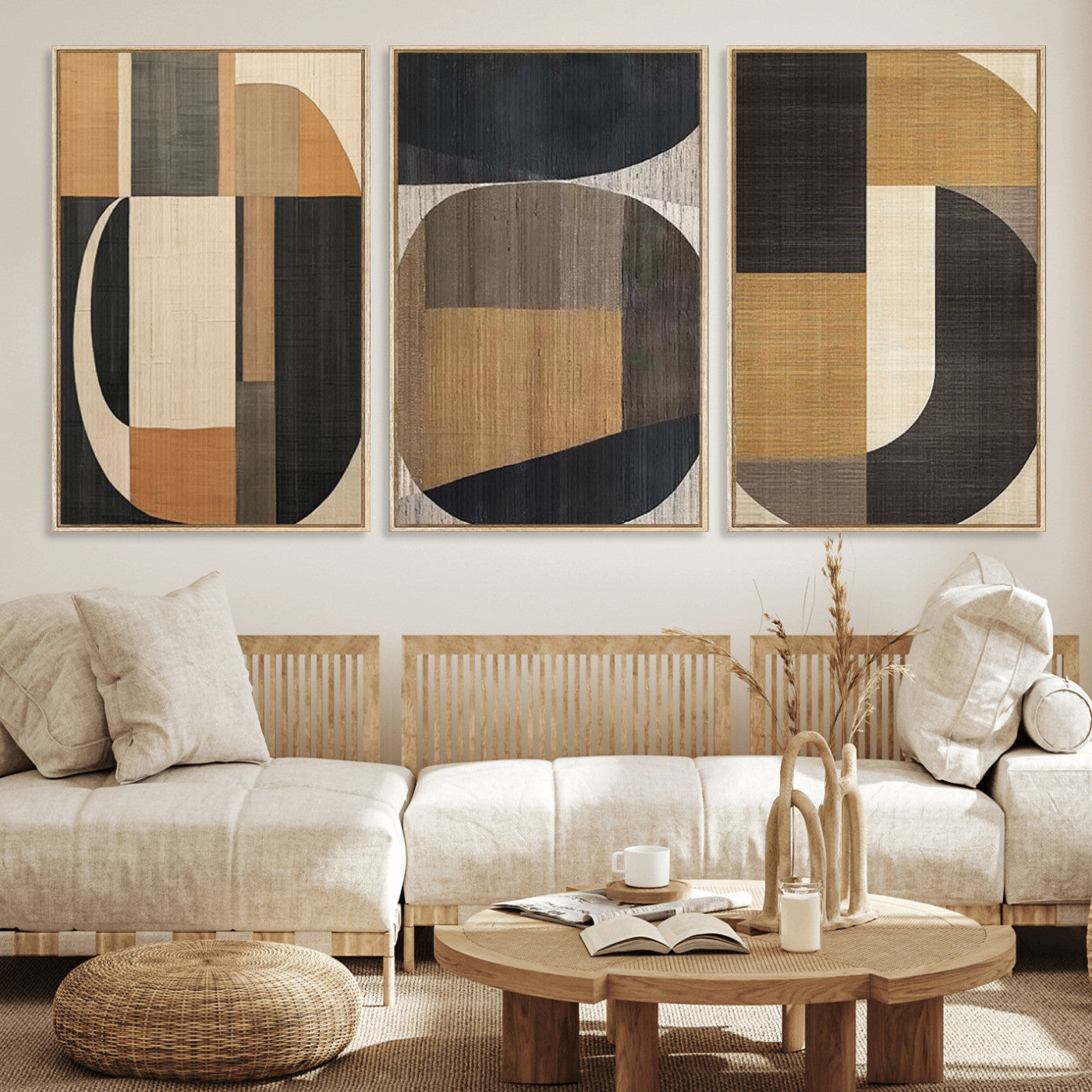 MGV-FC-60X30-3P - Modern Brown Wabi Sabi Abstract Wall Art Canvas Print Set, Minimalist Wall Art