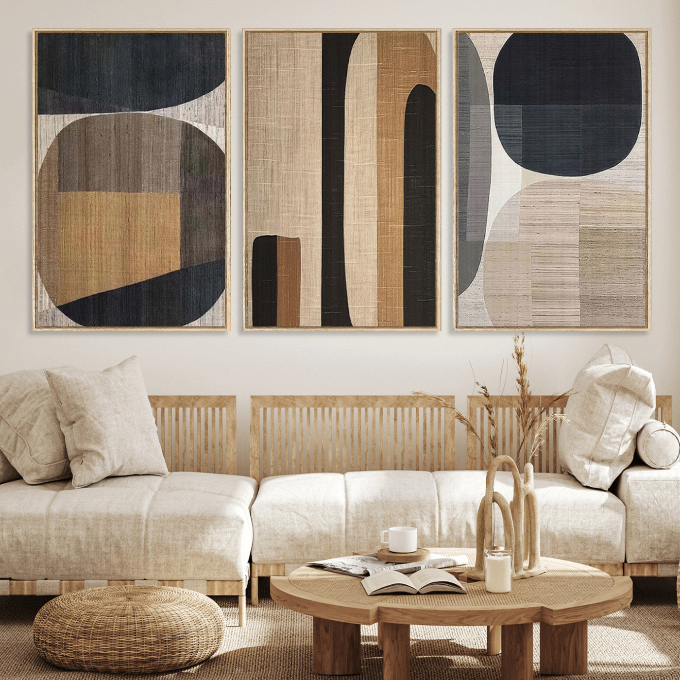 MGV-FC-60X30-3P - Abstract Minimalist Canvas Wall Art - Neutral Geometric Modern Boho Decor, Minimalist Brown Wabi