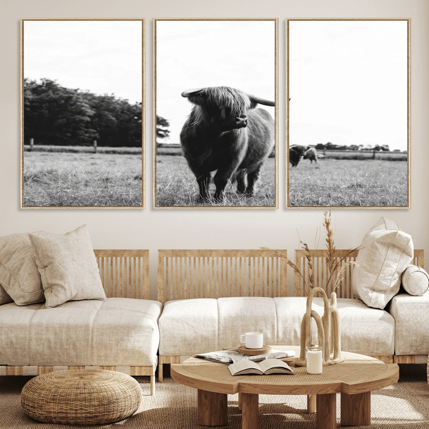 MGV-FC-60X30-3P - Black and White Highland Cow Wall Art Canvas Print | Rustic Western Decor for Living Room or Office,