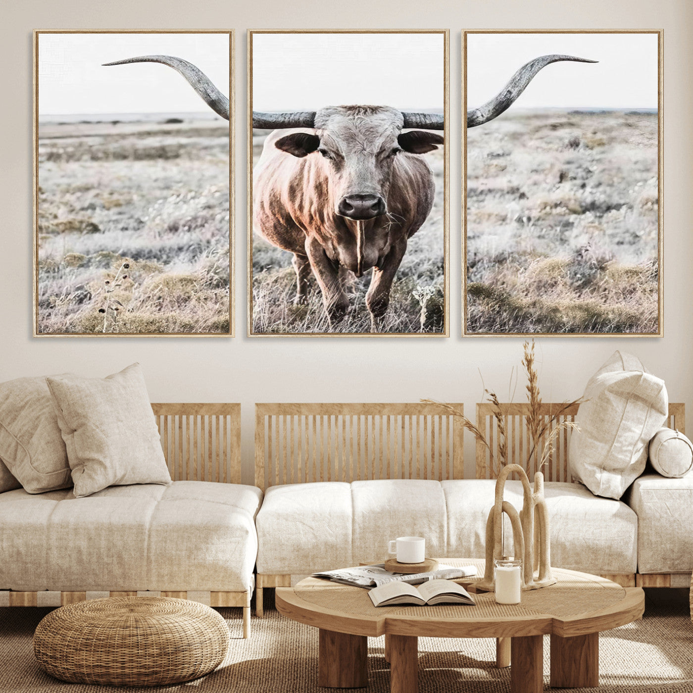 -Rustic Texas Longhorn Wall Art Canvas Print | Western Farmhouse Decor for Living Room or Office,