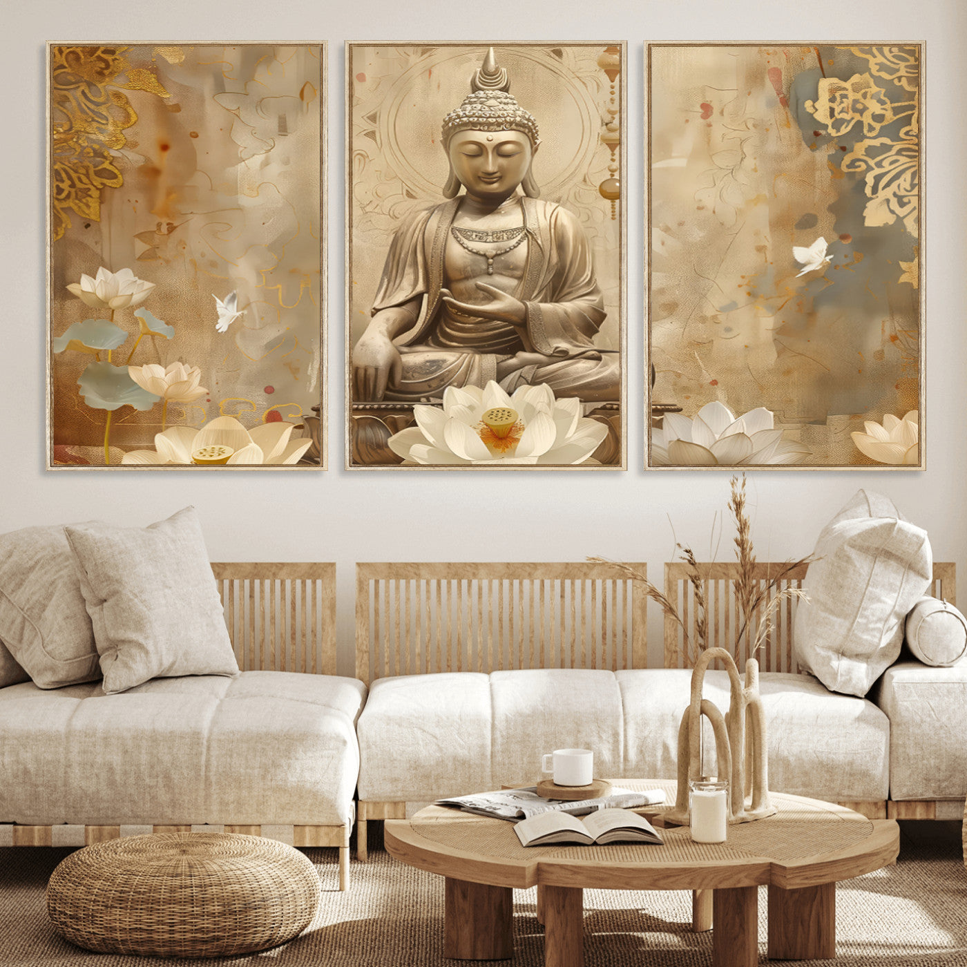 MGV-FC-60X30-3P - Buddha Wall Art Canvas Print, Buddha Meditation Room Decor, Yoga Room Wall Decor