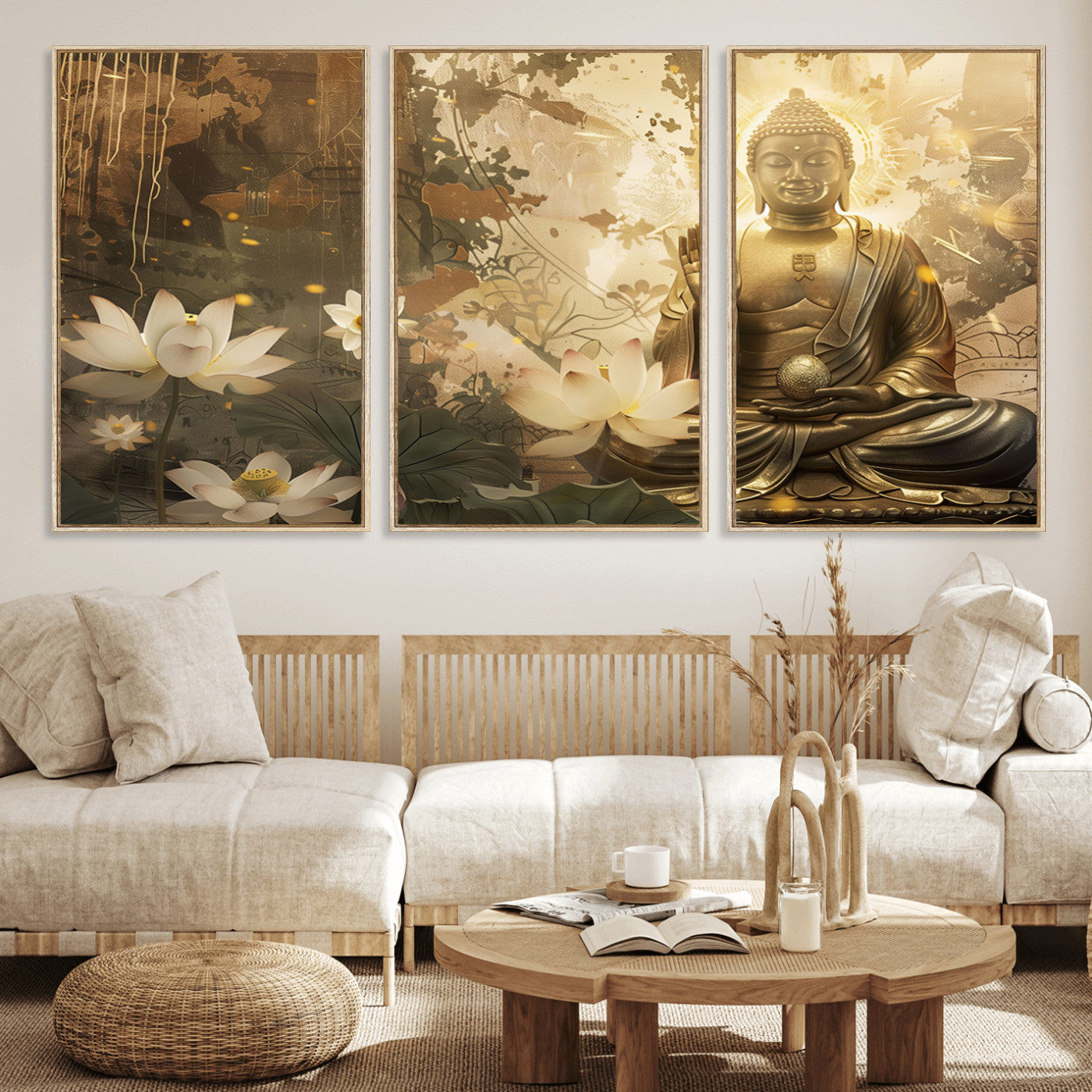 MGV-FC-60X30-3P - Zen Buddha Wall Art Canvas Print | Peaceful Meditation Decor with Lotus Flowers | Spiritual Serenity