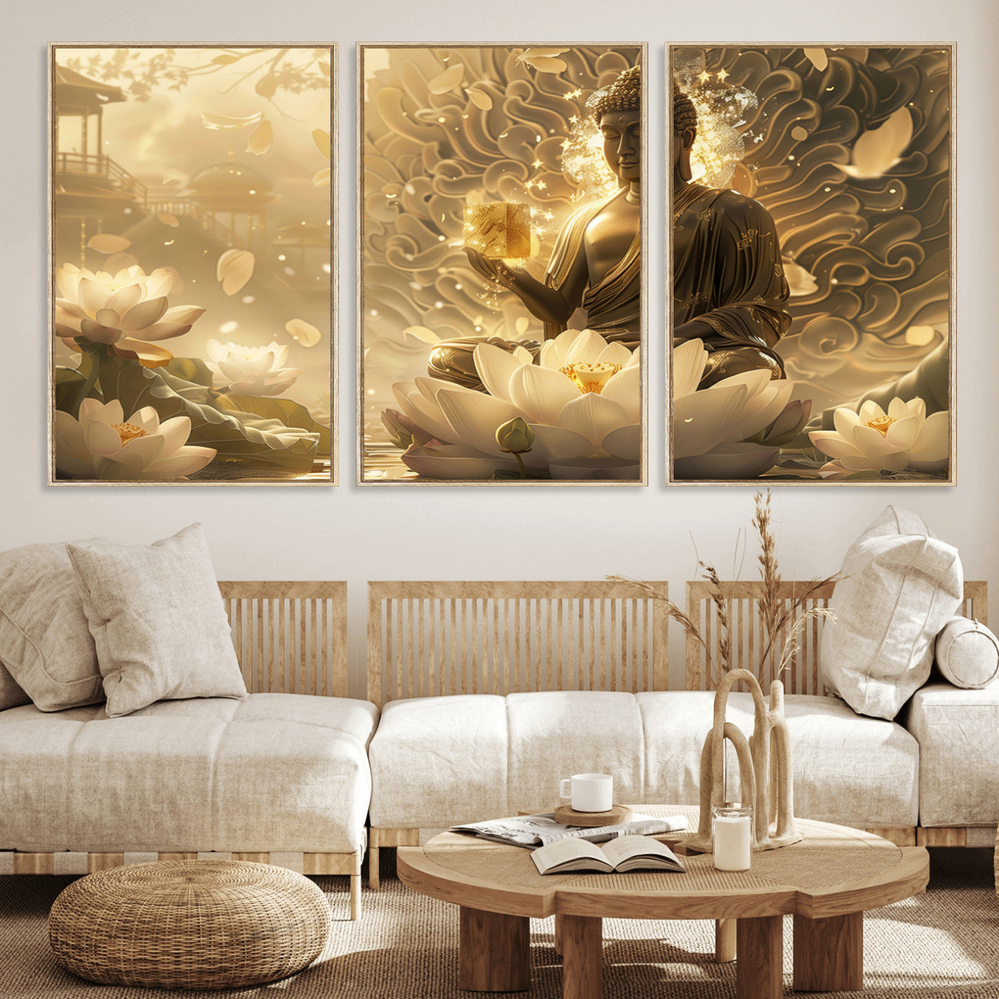MGV-FC-60X30-3P - Golden Buddha Wall Art | Yoga Room Decor and Meditation Room Wall Art | Framed and Ready to Hang