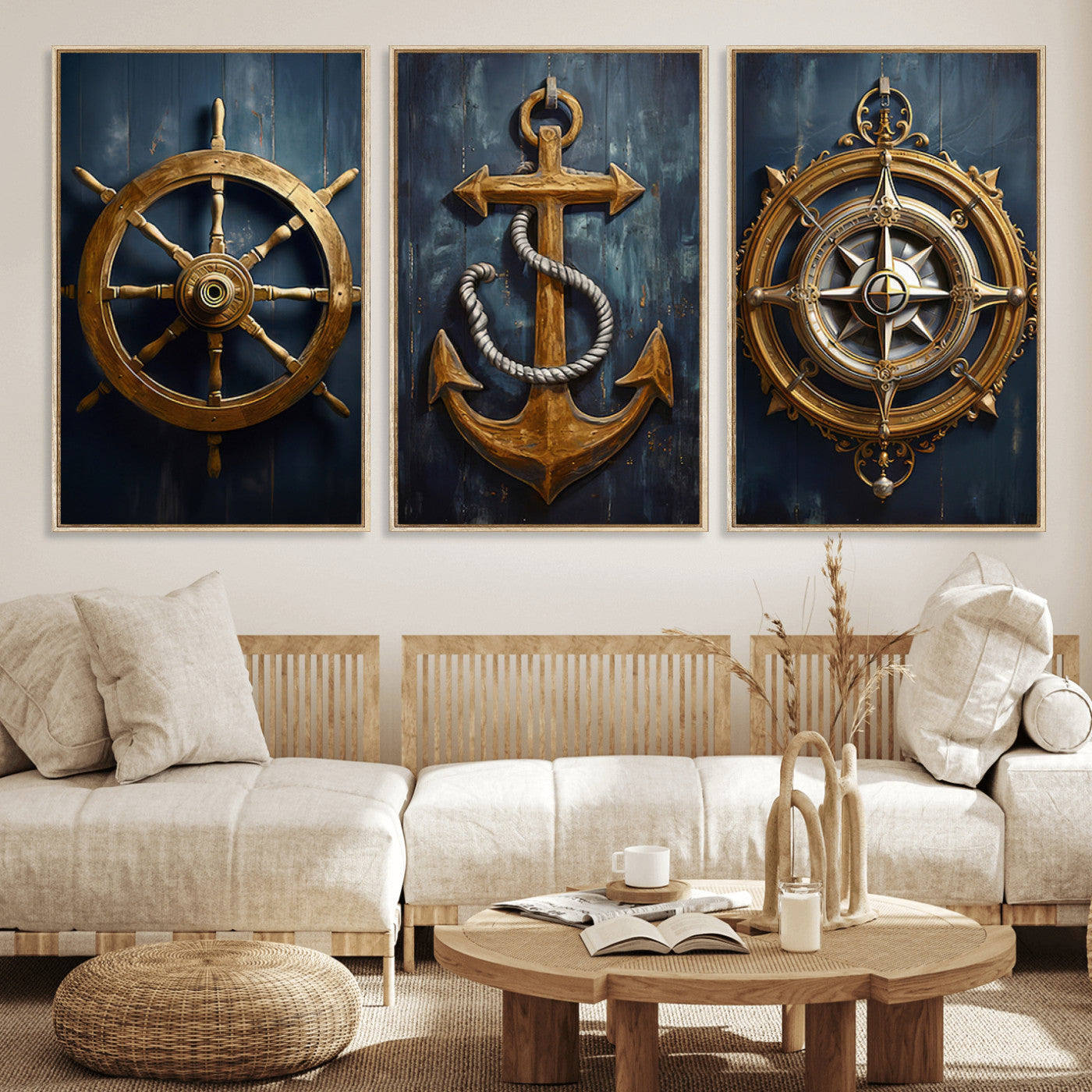 MGV-FC-60X30-3P - Boat Anchor Compass With Rope Wall Art Canvas Print | Beach House Wall Art