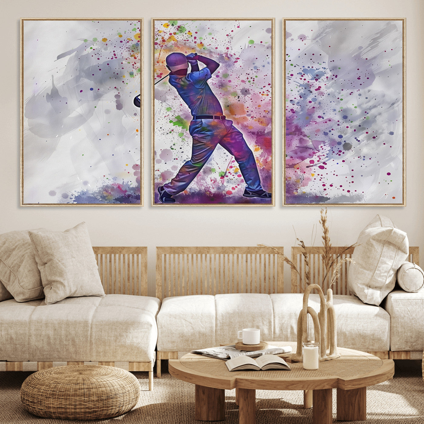 MGV-FC-60X30-3P - Watercolor Golf Swing Wall Art Canvas Print | Vibrant Abstract Golf Player Silhouette |