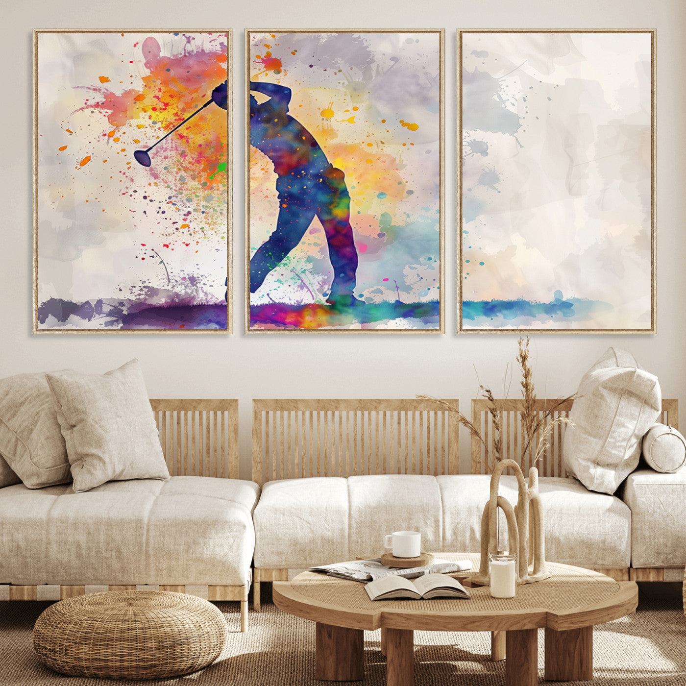 MGV-FC-60X30-3P - Watercolor Golf Swing Wall Art Canvas Print | Vibrant Abstract Golf Player Silhouette |