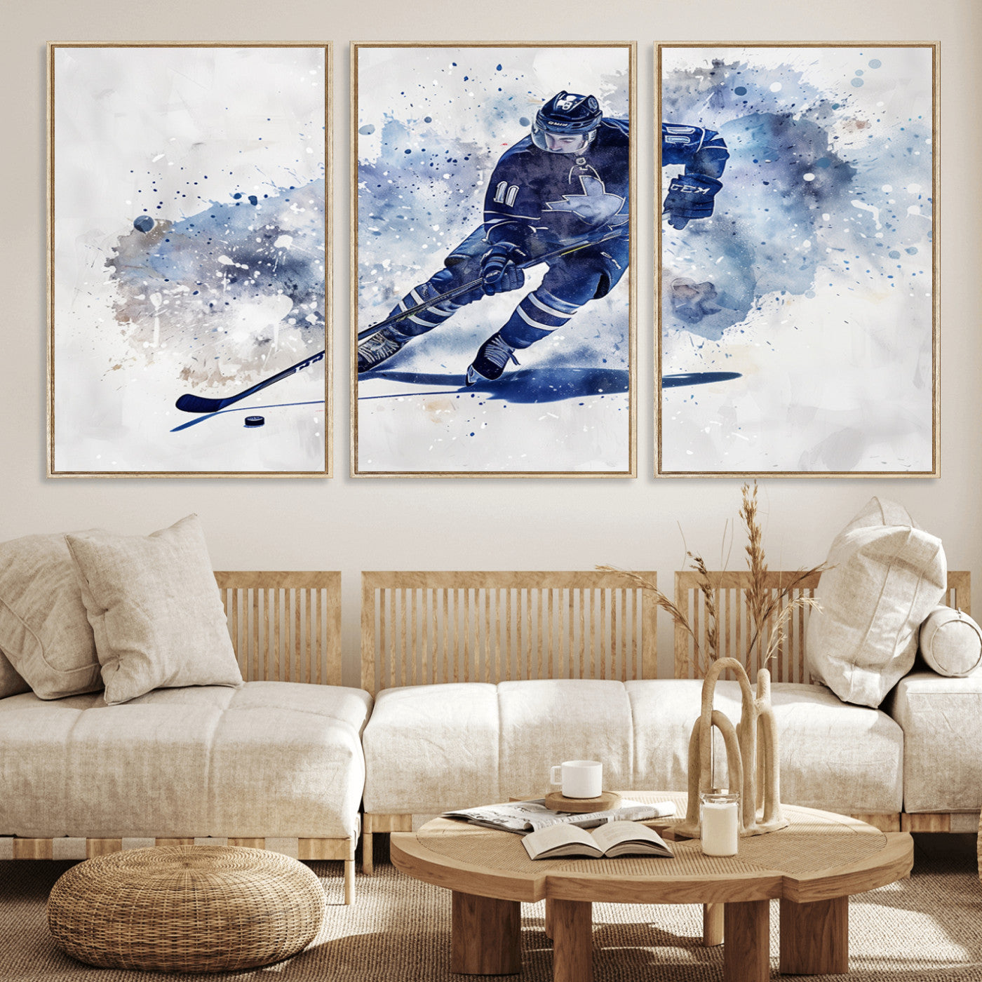 MGV-FC-60X30-3P - Hockey Player Wall Art Canvas Print - Sports-Inspired Watercolor Decor - Ready to Hang