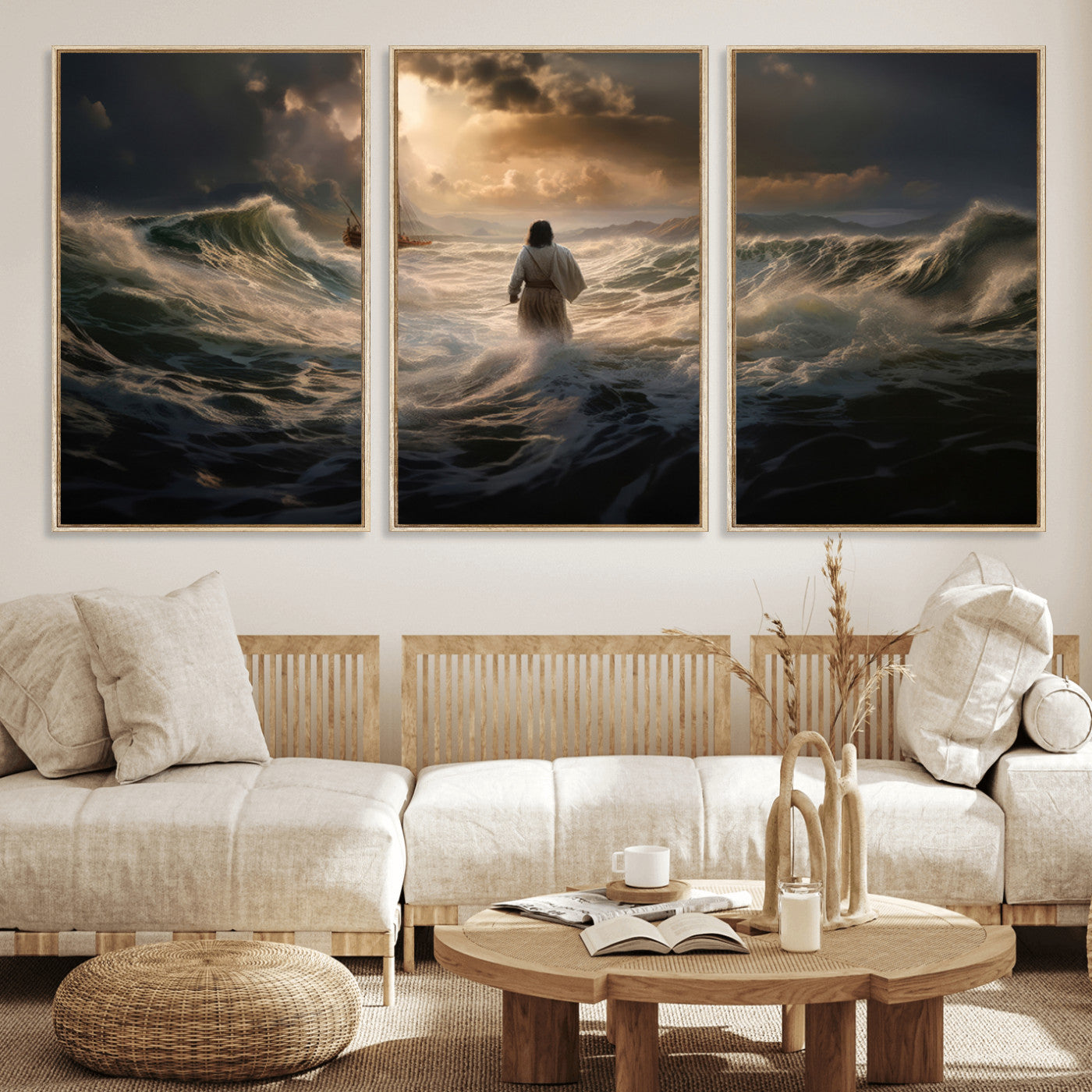 MGV-FC-60X30-3P - Jesus Walking on Water Wall Art Canvas Print - Religious Spiritual Decor - Jesus Wall Art Canvas