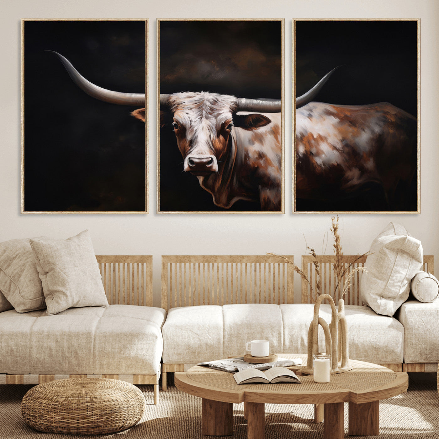 82543-MGV-FC-60X30-3P_Natural-Texas Longhorn Wall Art Canvas Print | Western Ranch Decor | Bold Rustic Cattle Artwork | Ready to