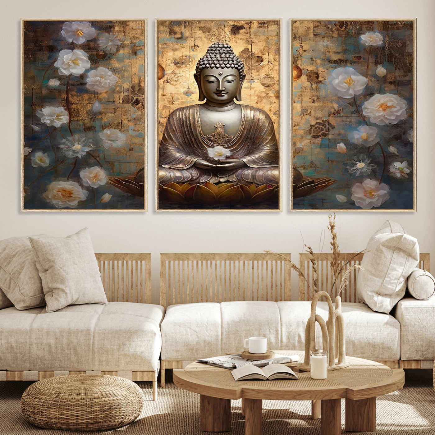 MGV-FC-60X30-3P - Golden Buddha Wall Art Canvas Print | Zen Meditation Floral Decor | Tranquil Spiritual Home Art |