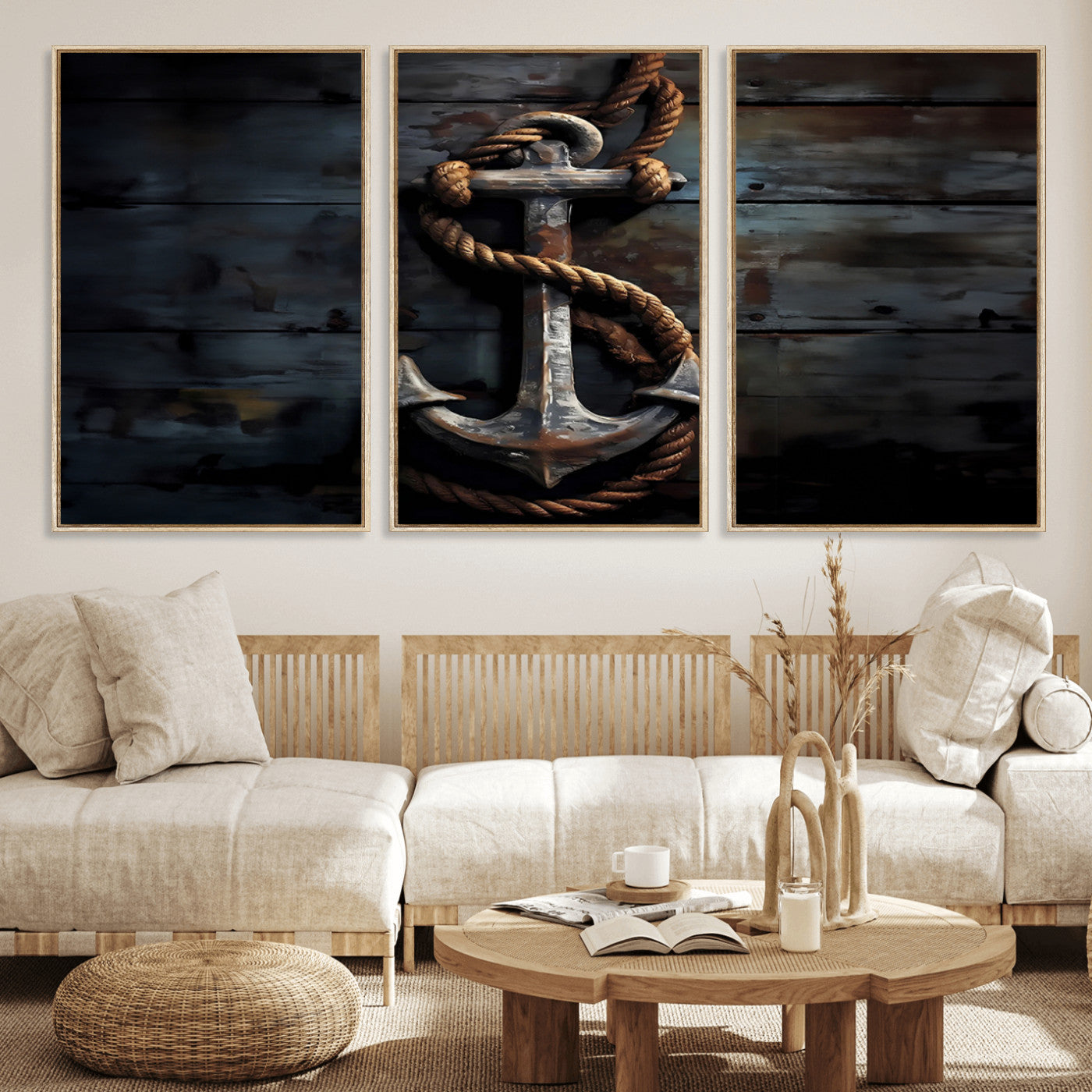 MGV-FC-60X30-3P - 3 Panel Grunge Abstract Anchor Wall Art Canvas Print Set