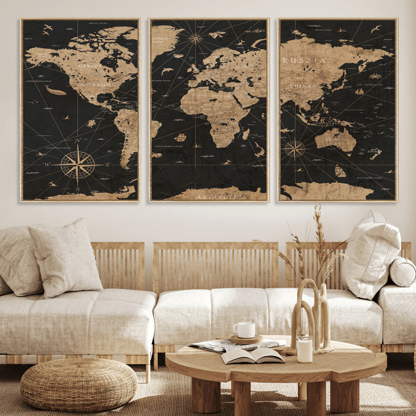 61023-MGV-FC-60X30-3P_Natural-World Map Canvas Print – Framed Wall Art for Home Decor