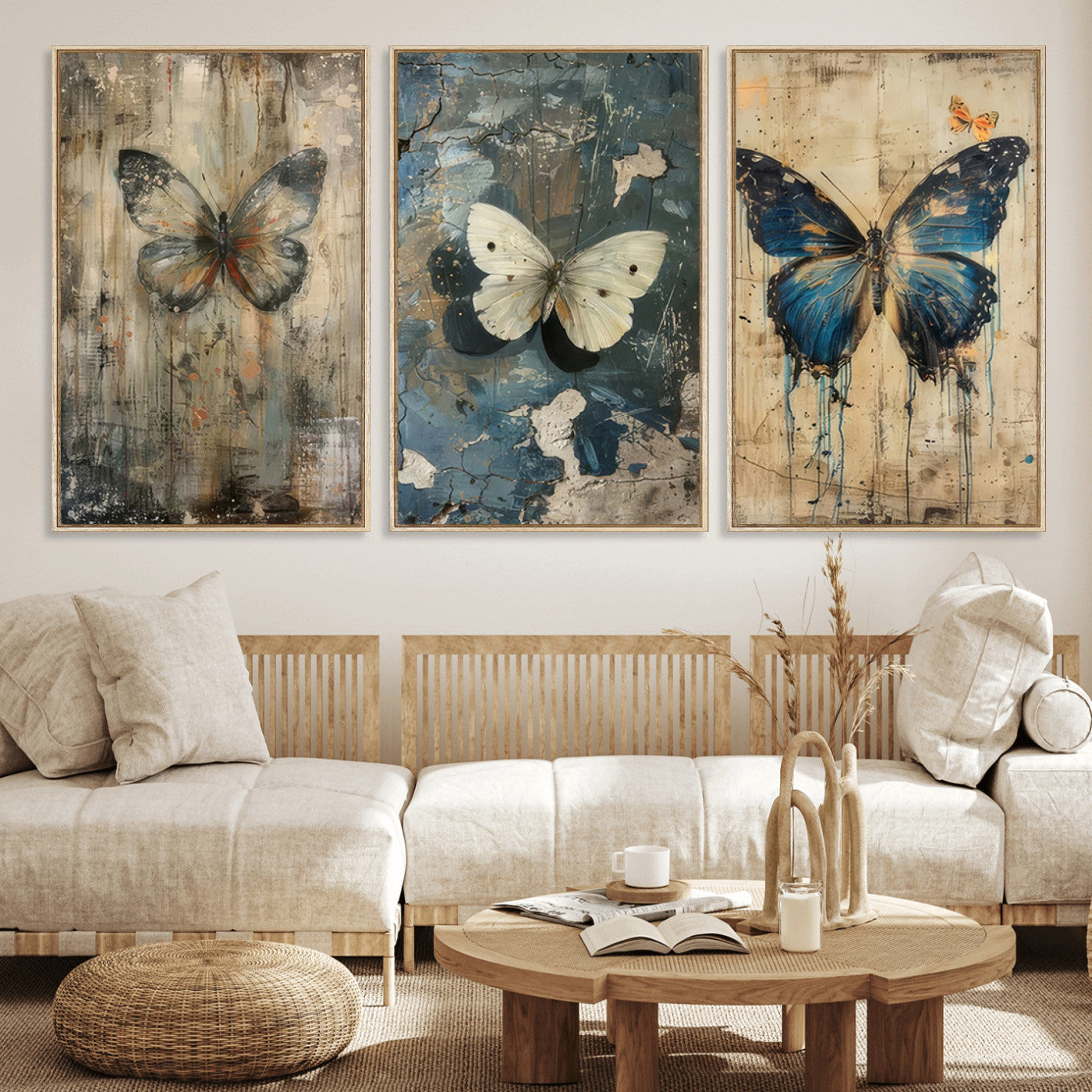 MGV-FC-60X30-3P - Butterfly Wall Art Trio | Vintage Butterfly Canvas Print | Ready to Hang Framed Artwork for