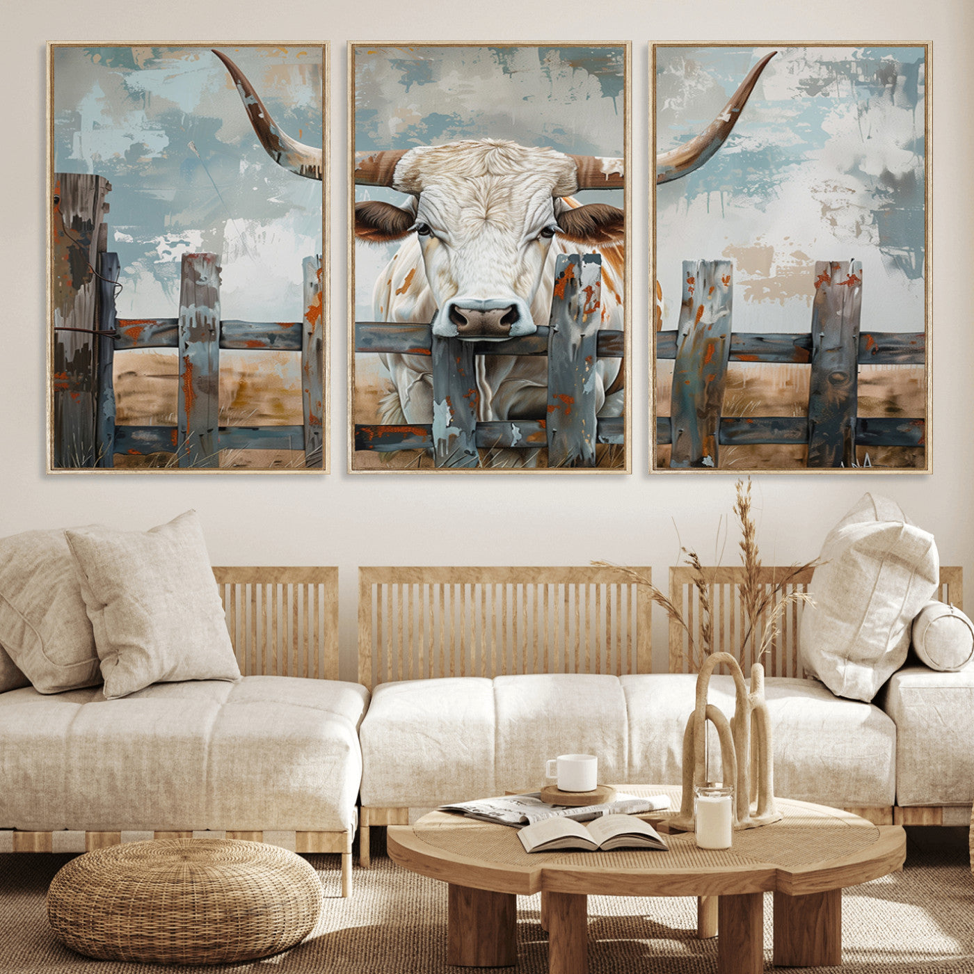 MGV-FC-60X30-3P - Vintage Cow Wall Art Canvas Print for Farmhouse Wall Decor Theme, Cattle Wall Art Print