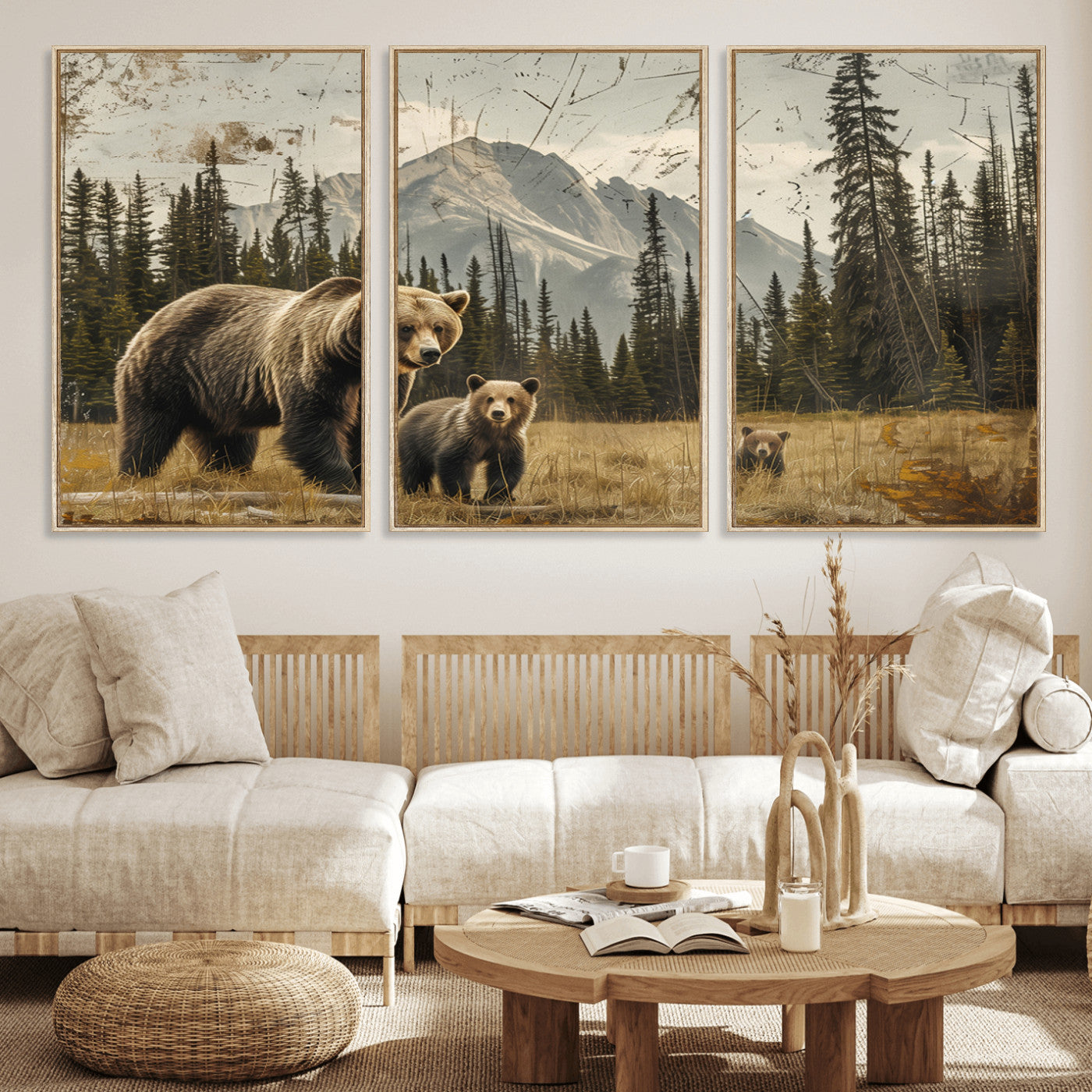 MGV-FC-60X30-3P - Rustic Grizzly 399 Bear Family Wall Art Canvas Print