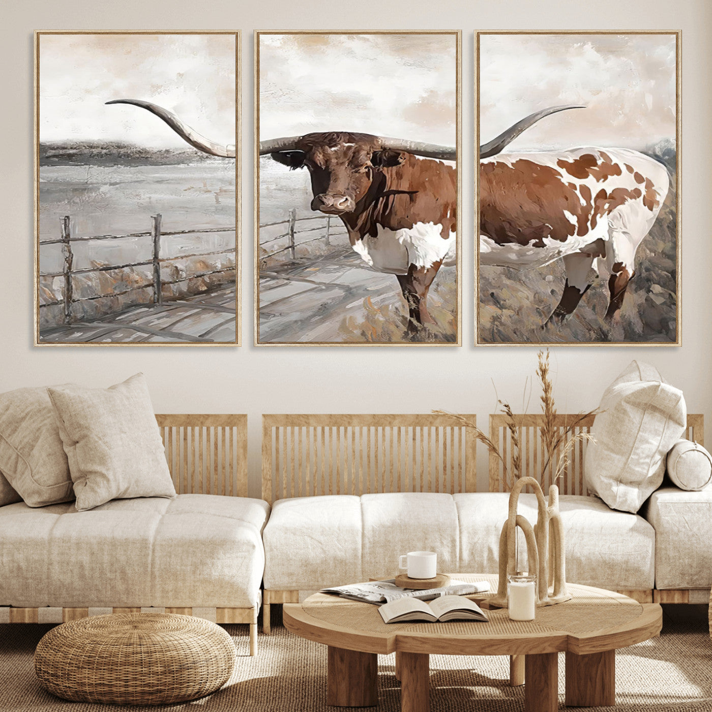 57340-MGV-FC-60X30-3P_Natural-Vintage Texas Cow Wall Art Canvas Print, Rustic Longhorn Wall Art | Canvas Print for Farmhouse Decor