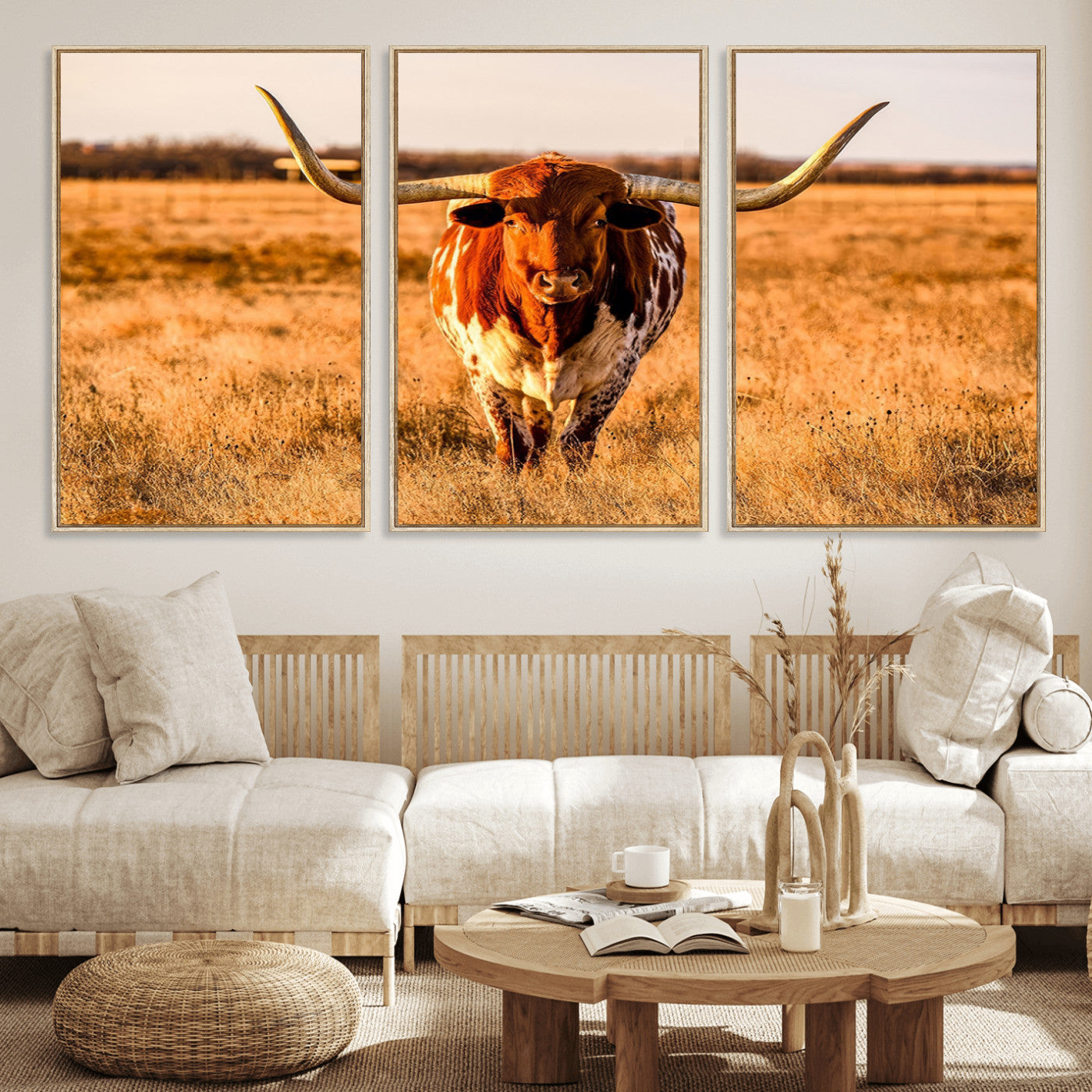 MGV-FC-60X30-3P - Longhorn Cow Wall Art | Ready to Hang Framed Canvas Print for Farmhouse and Barn Decor