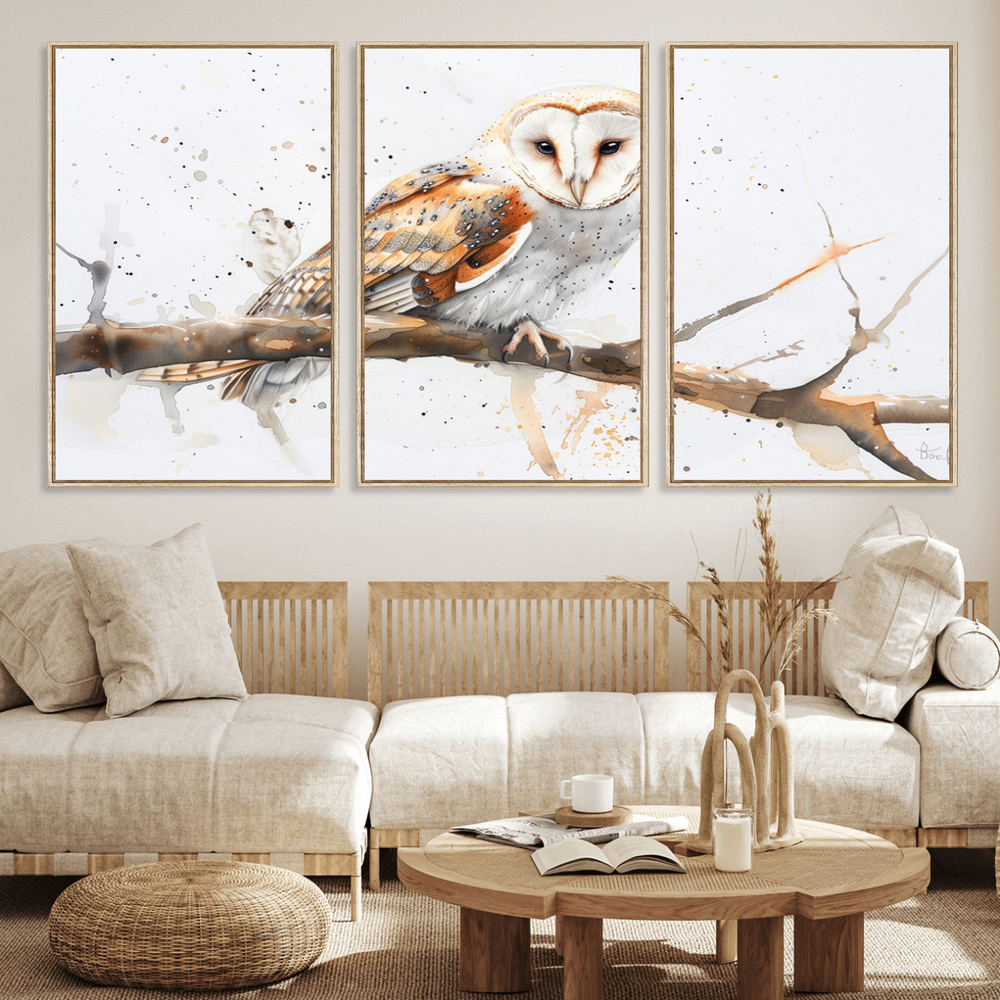 MGV-FC-60X30-3P - Barn Owl Wall Art on Branch | Stunning Canvas Print for Nature Lovers | Ready to Hang and Framed
