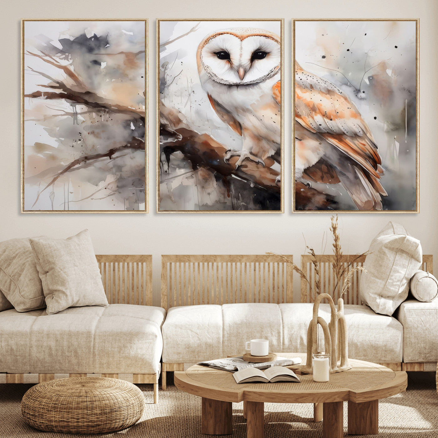 MGV-FC-60X30-3P - Barn Owl Wall Art | Watercolor Barn Owl Canvas Print | Perfect for Farmhouse Wall Decor | Ready to