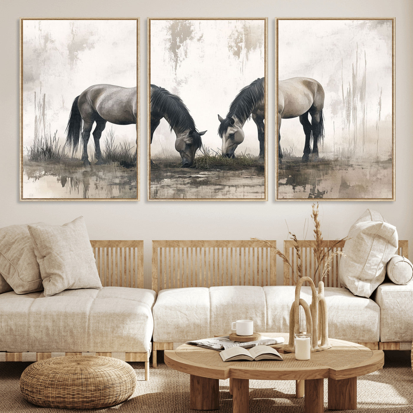 35494-MGV-CV-36X24-Chines Ink Style Vintage Horses Wall Art Canvas Print for Farmhouse Wall Decor