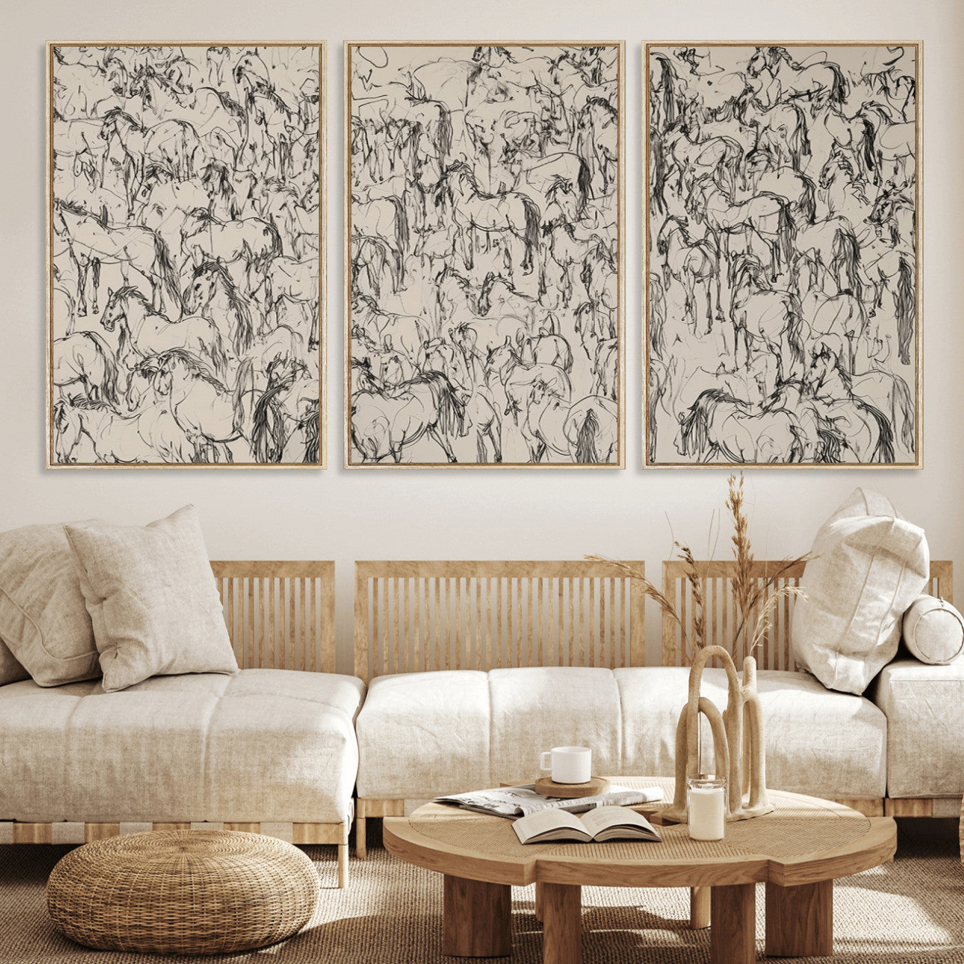 25718-MGV-FC-60X30-3P_Natural-Abstract Horse Sketch Wall Art | Ready to Hang and Framed | Farmhouse Wall Decor for Living Room or