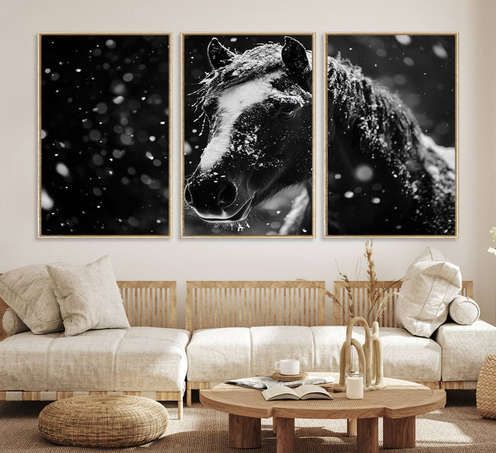 The Winter Horse Wall Art showcases a gentle horse print with snowflakes, ideal for rustic farmhouse or cabin decor.