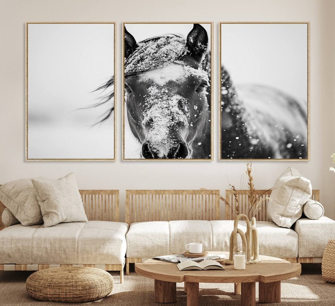 This black and white winter horse wall art enhances any decor; it is ready to hang and framed for a farmhouse or Western style.