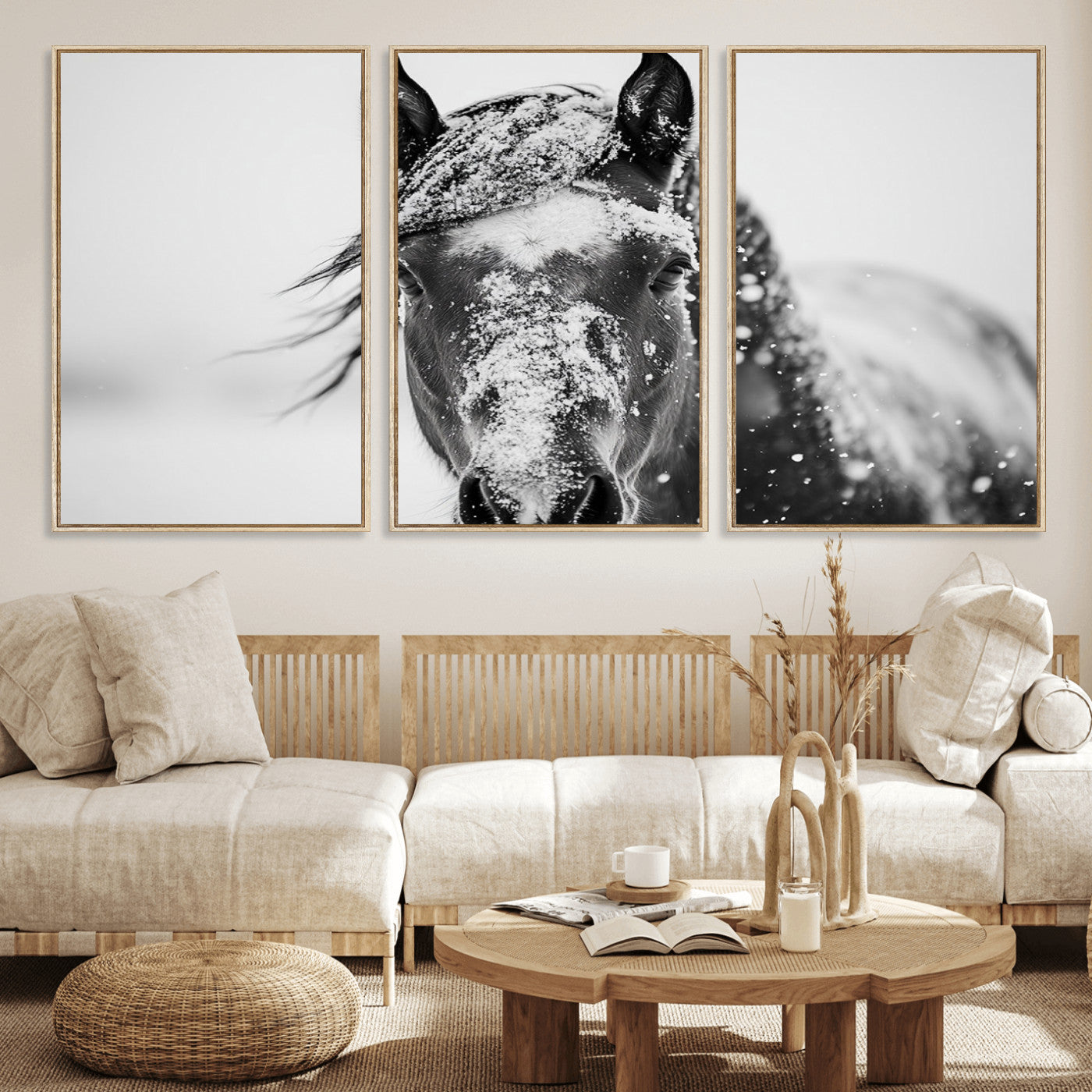 MGV-FC-60X30-3P - Western Wall Art | Black and White Winter Horse Wall Art | Ready to Hang and Framed | Farmhouse and