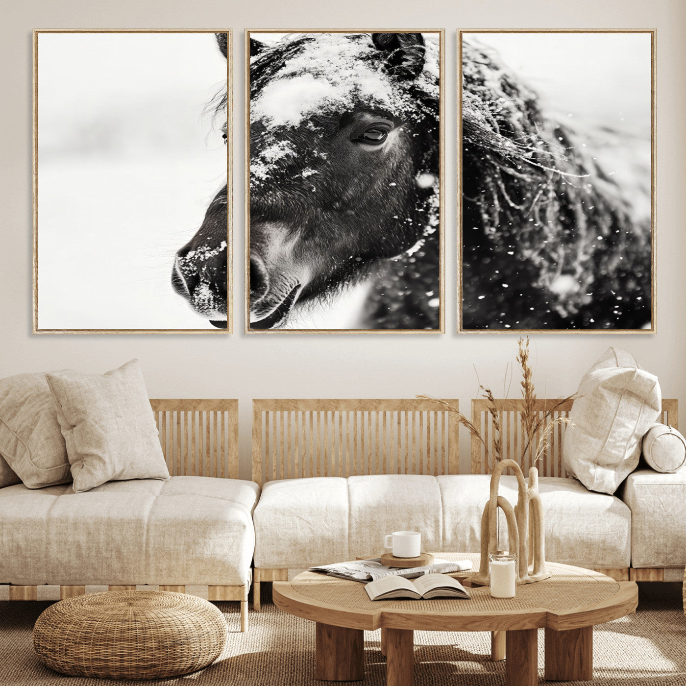 MGV-FC-60X30-3P - Framed Black and White Horse Wall Art | Ready to Hang and Framed | Farmhouse and Western Wall Decor