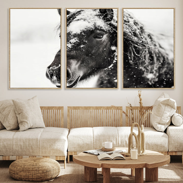 The wall art is a Black and White Horse piece, framed and ready to hang.