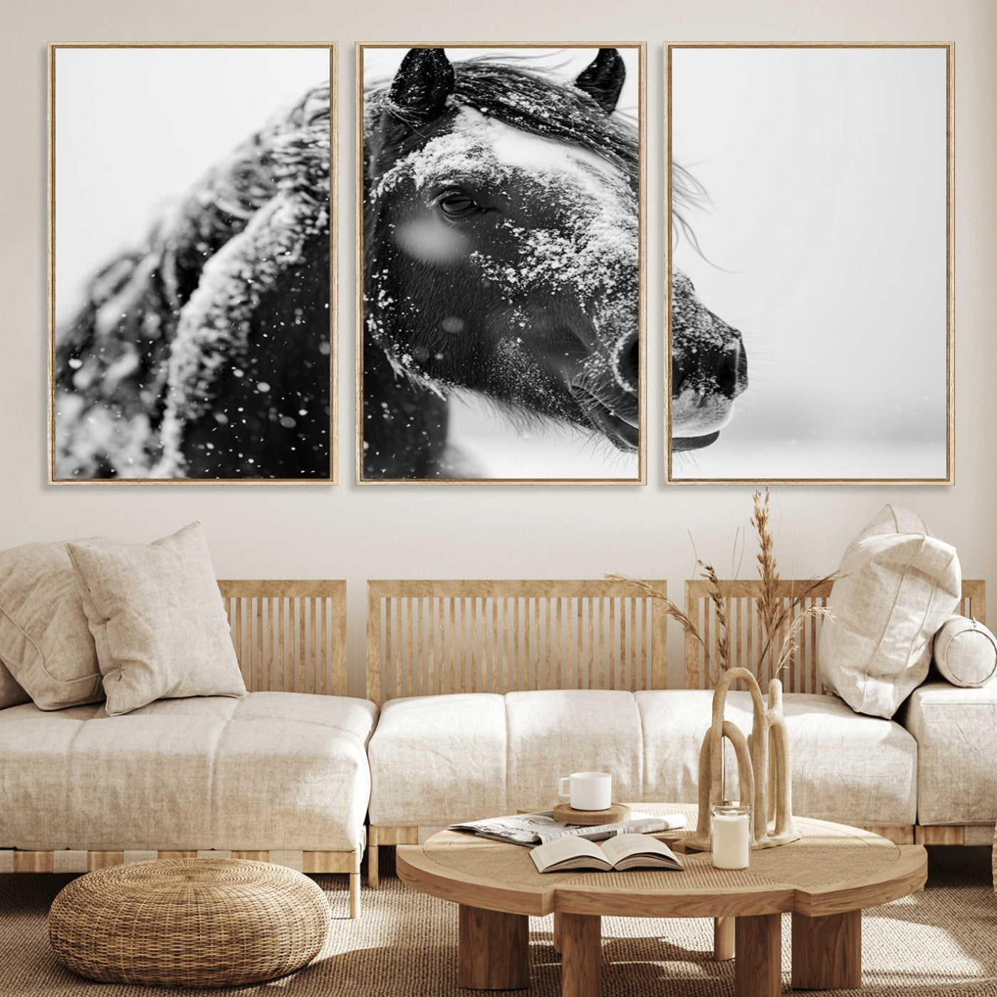 MGV-FC-60X30-3P - Winter Horse Canvas Print | Large 3-Panel Black White Equine Photography for Rustic Farmhouse Wall